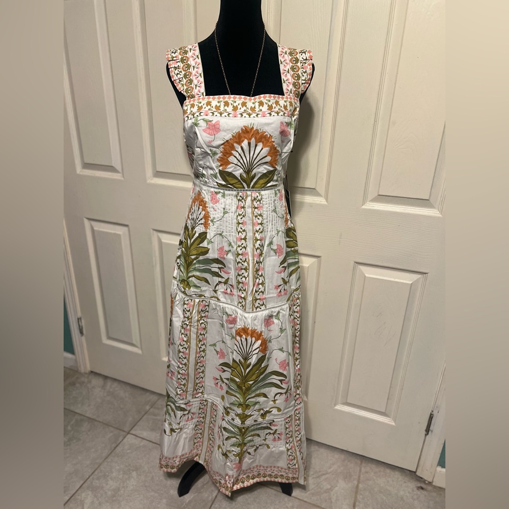 CeCe White Maxi Dress with Pink & Olive Floral Embroidery